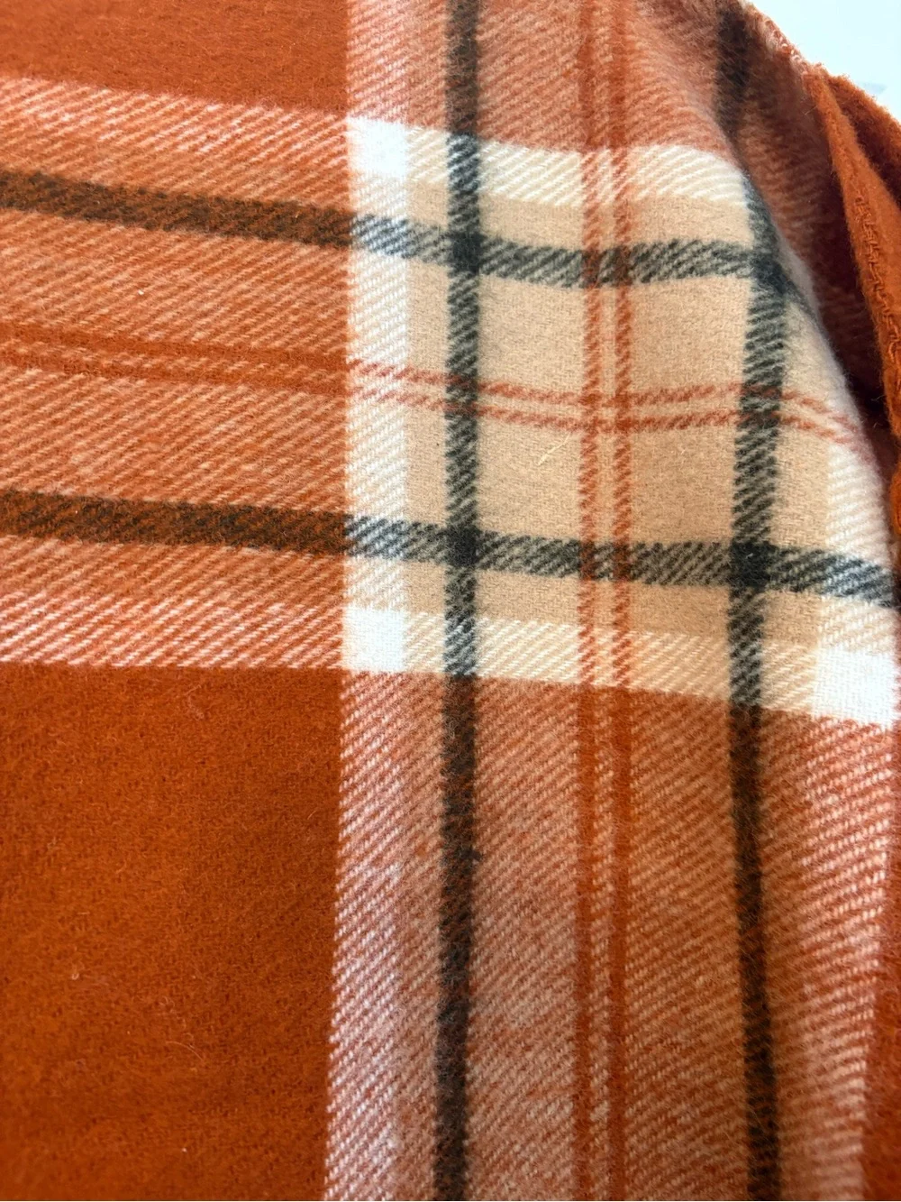 Vintage Rust Black Tan White Plaid Wool Fringe Blanket